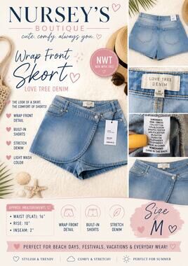 Love Tree Denim Wrap Front Skort Shorts Light Wash Stretch NWT Medium